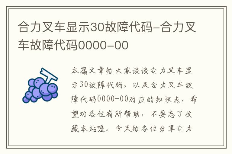 合力叉车显示30故障代码-合力叉车故障代码0000-00