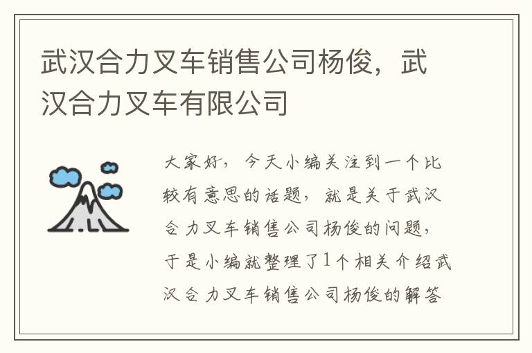 武汉合力叉车销售公司杨俊，武汉合力叉车有限公司